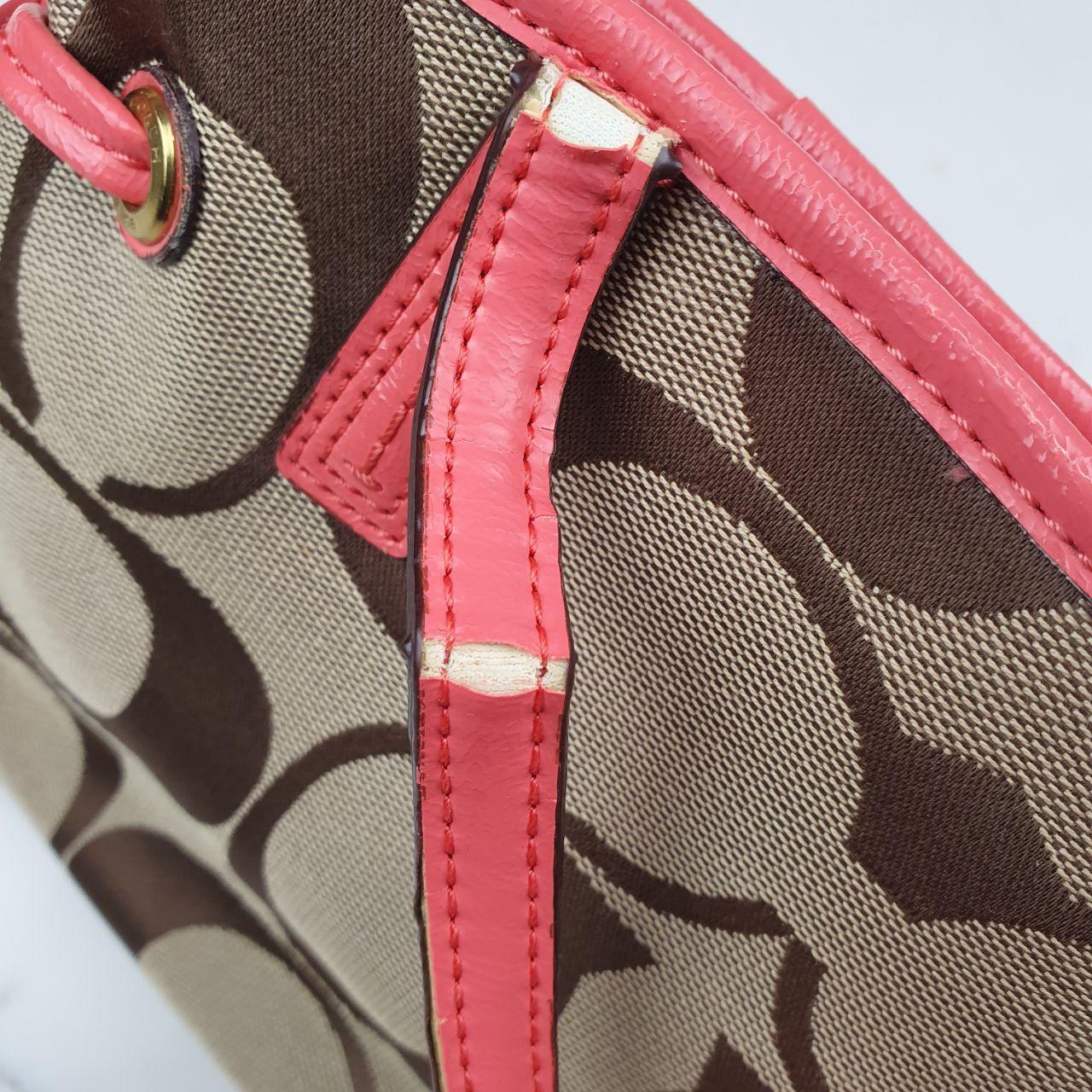 Coach Signature Canvas and Leather Tote Bag with Coral Accents