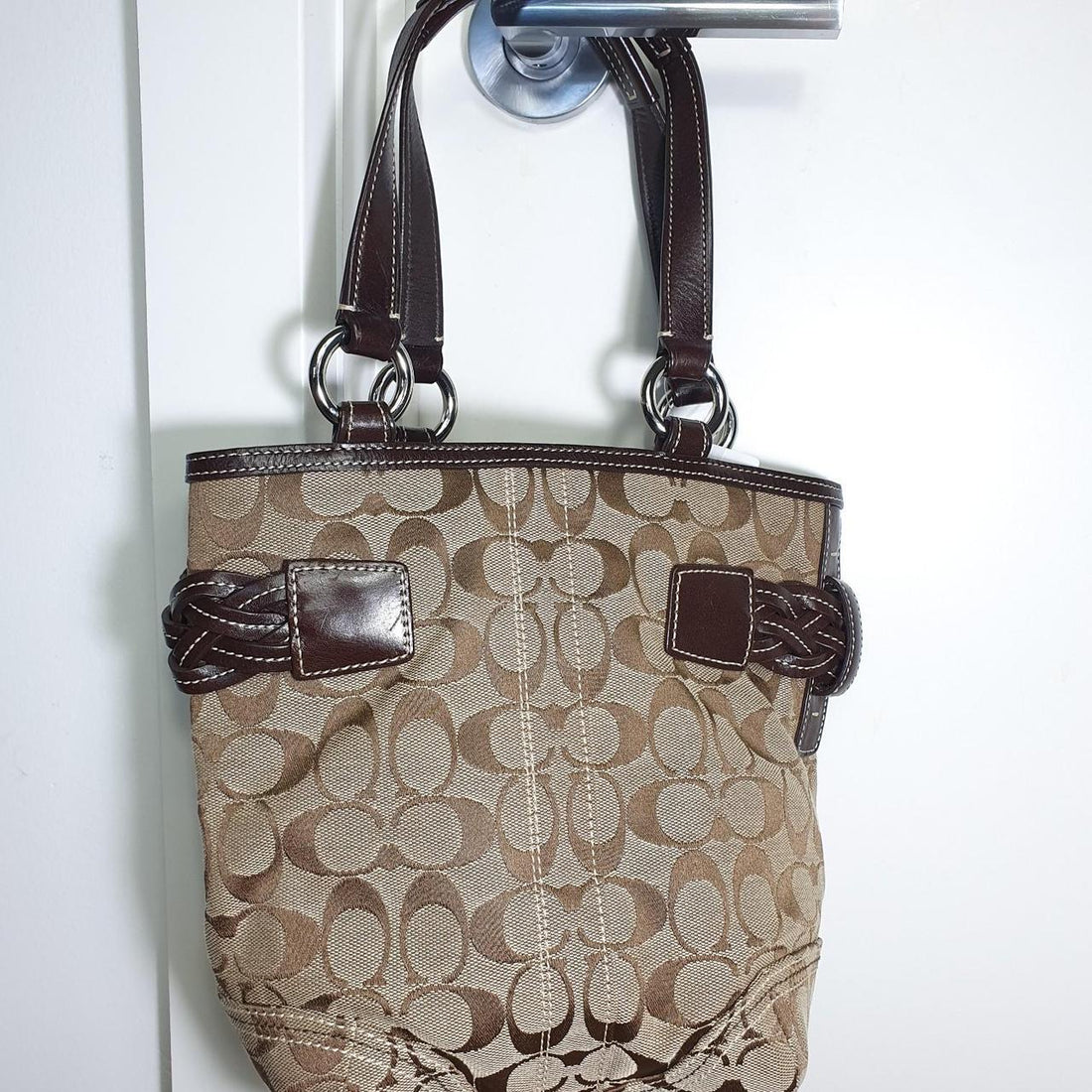 Authentic vintage Coach brown & tan bucket handbag with buckle detail