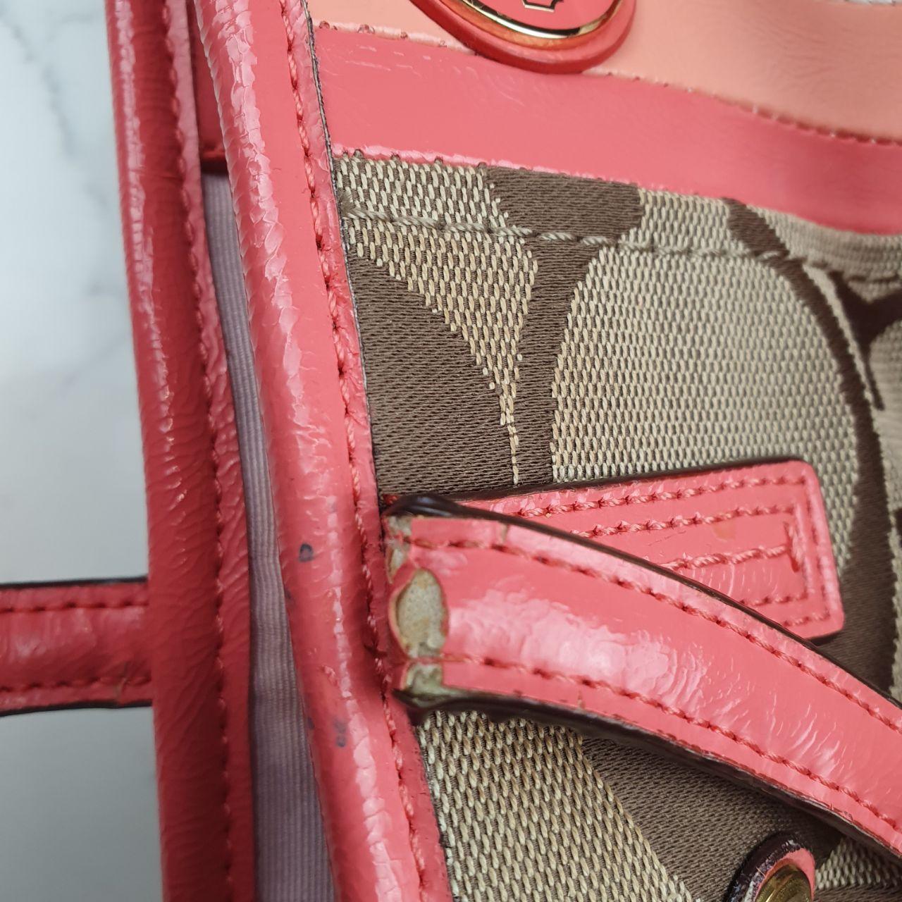 Coach Signature Canvas and Leather Tote Bag with Coral Accents