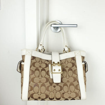 Coach Signature Canvas and White Leather Handbag with Gold Buckle