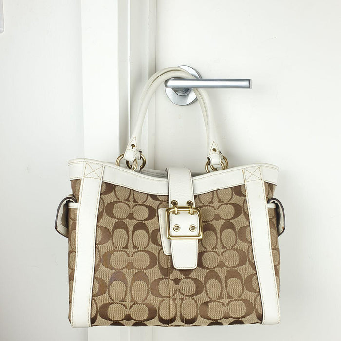Coach Signature Canvas and White Leather Handbag with Gold Buckle