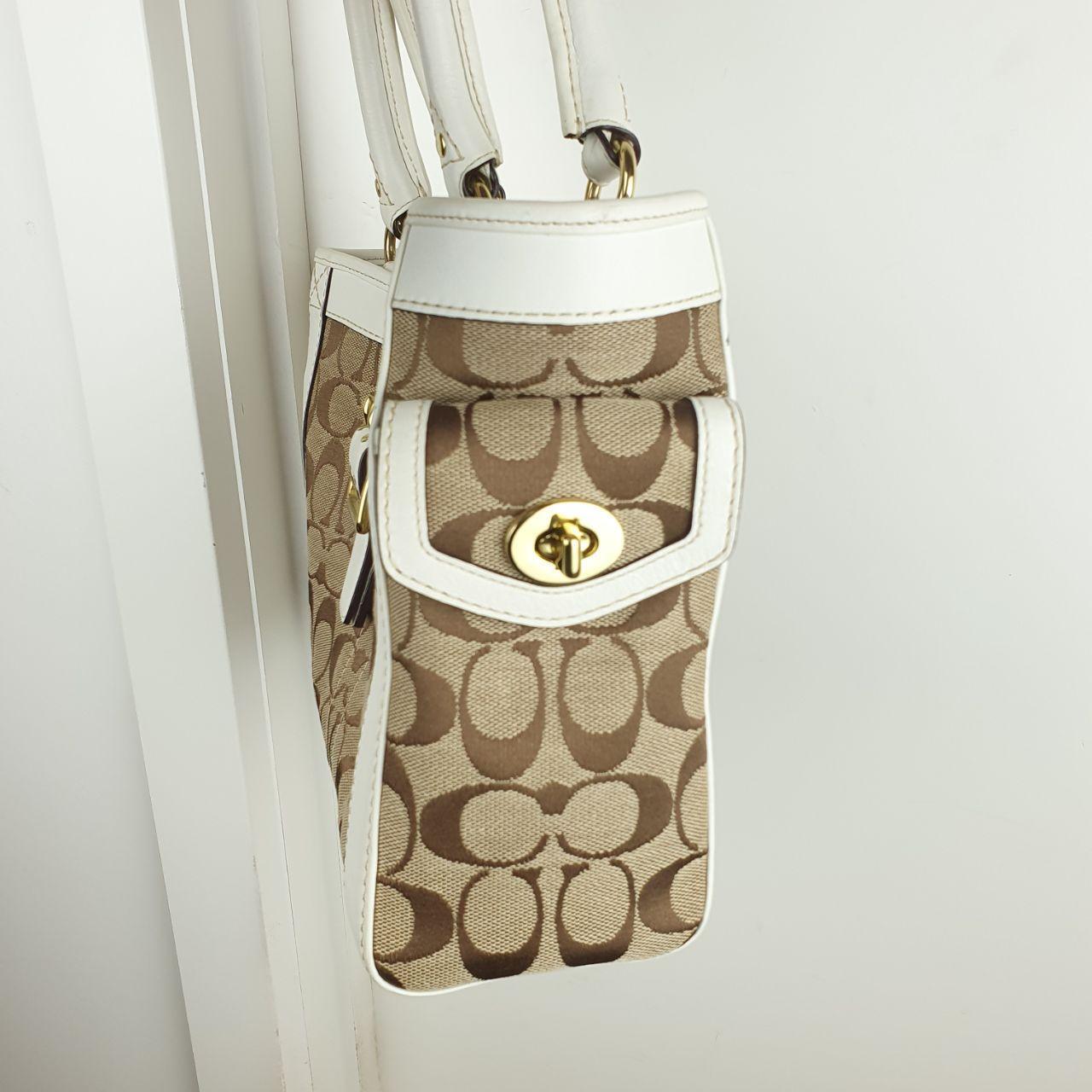 Coach Signature Canvas and White Leather Handbag with Gold Buckle
