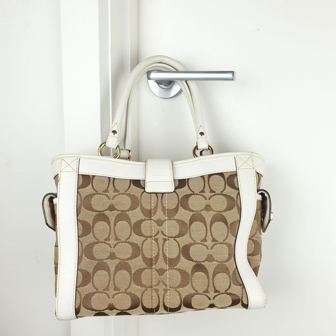 Coach Signature Canvas and White Leather Handbag with Gold Buckle
