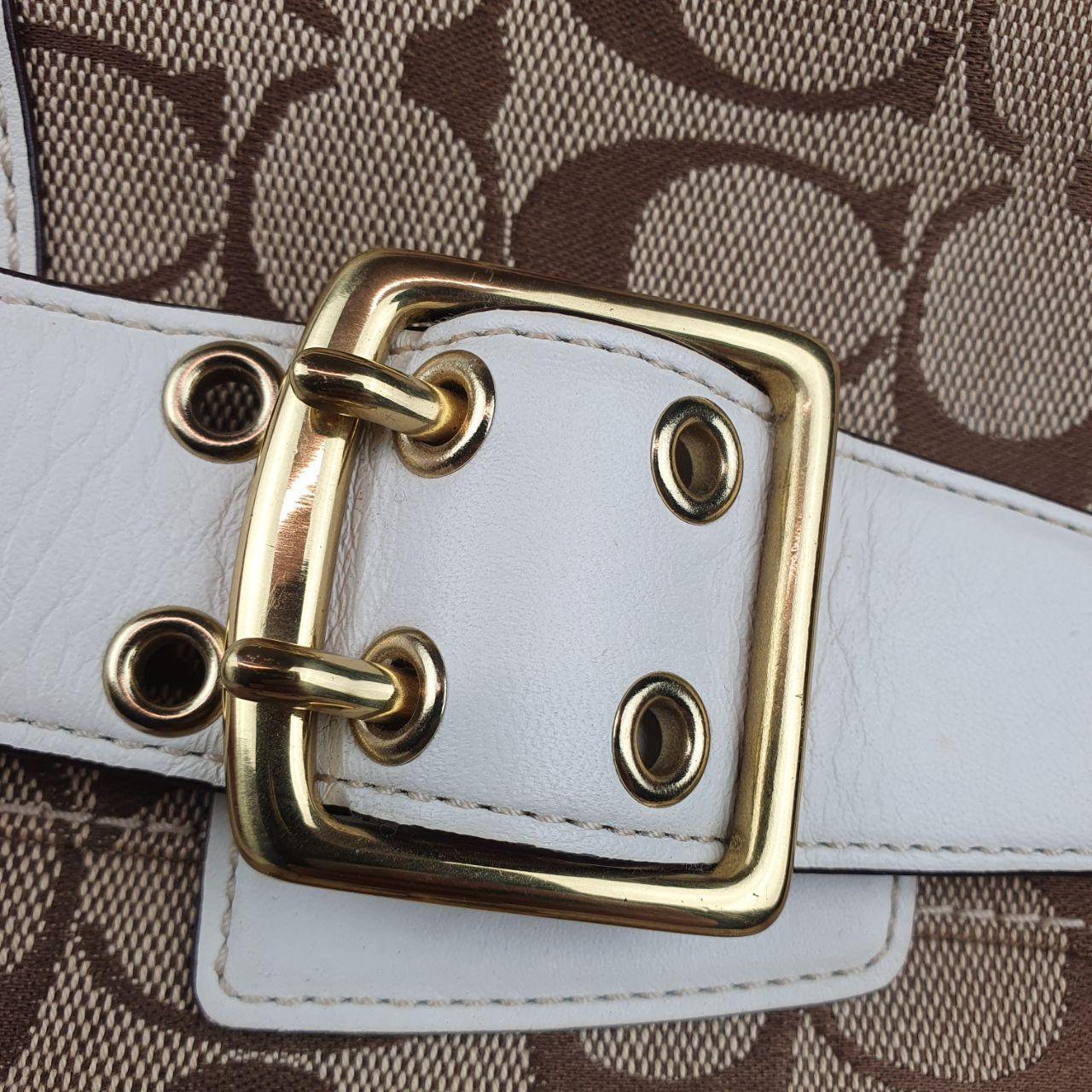 Coach Signature Canvas and White Leather Handbag with Gold Buckle
