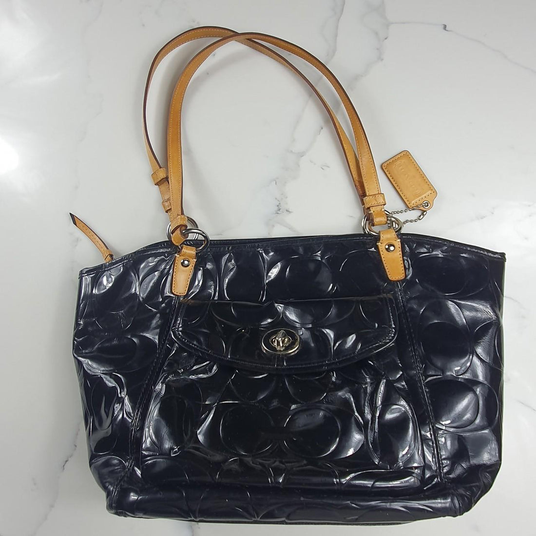 Authentic Coach black patent leather handbag with gold hardware