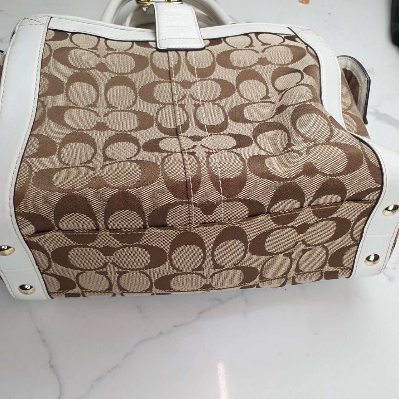 Coach Signature Canvas and White Leather Handbag with Gold Buckle