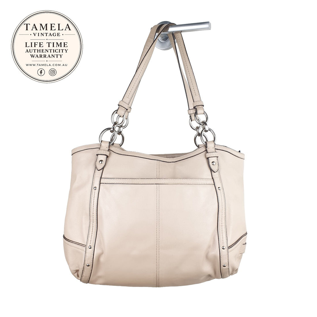 Coach Beige Leather Shoulder Bag with Silver Hardware