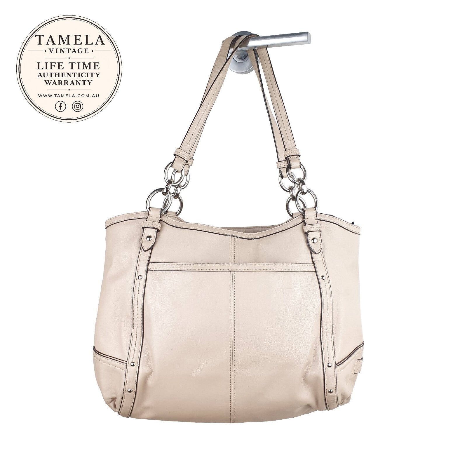 Coach Beige Leather Shoulder Bag with Silver Hardware