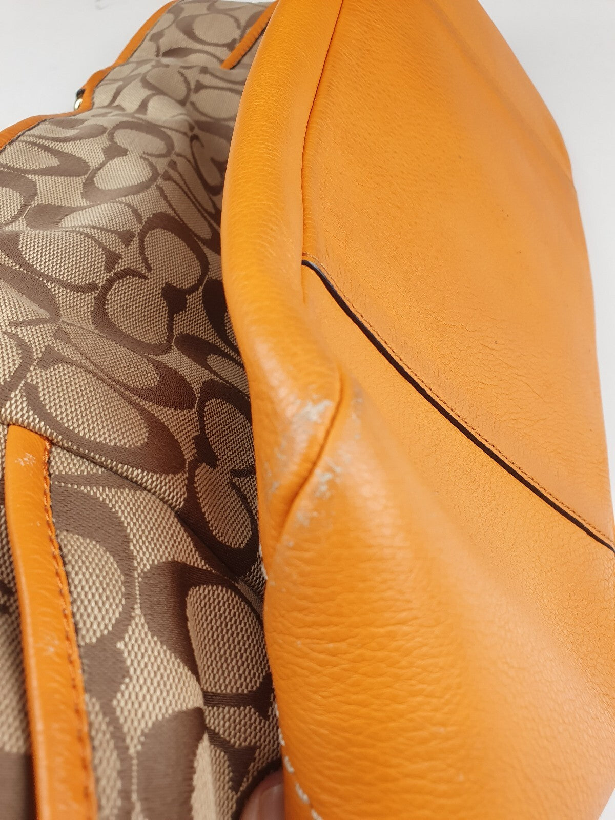 Coach Signature Canvas and Genuine Leather Tote Bag in Tan and Orange