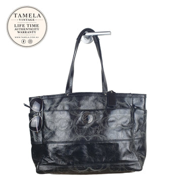 Large Vintage Coach Black Leather Signature Tote Shoulder Bag