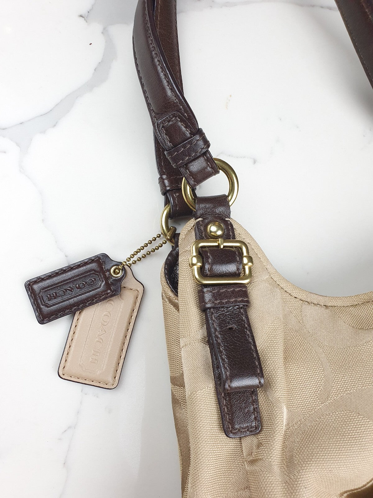 Coach Beige Signature Canvas Hobo Bag with Dark Brown Leather Trim