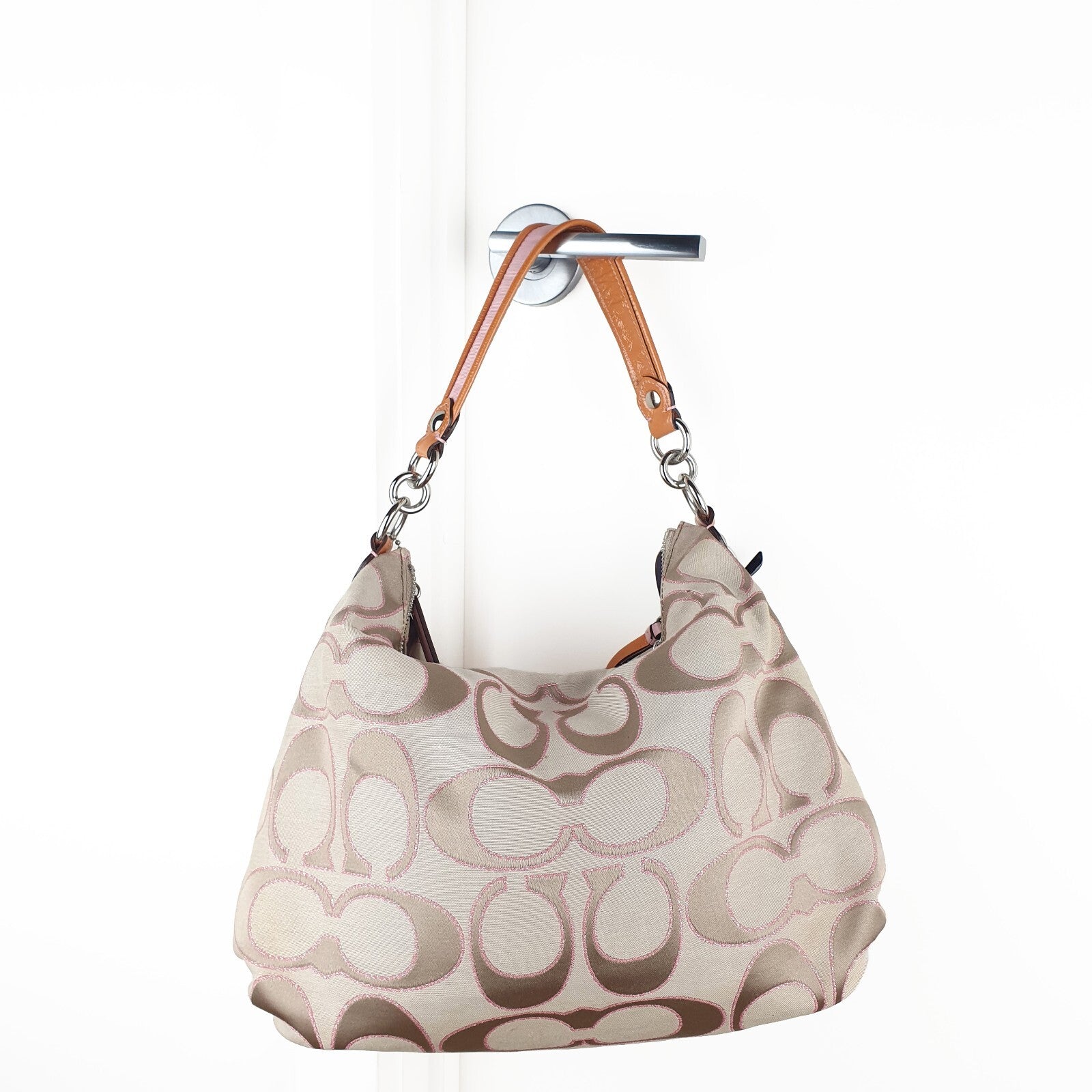 Coach Signature Canvas and Leather Shoulder Bag with Pink Trim