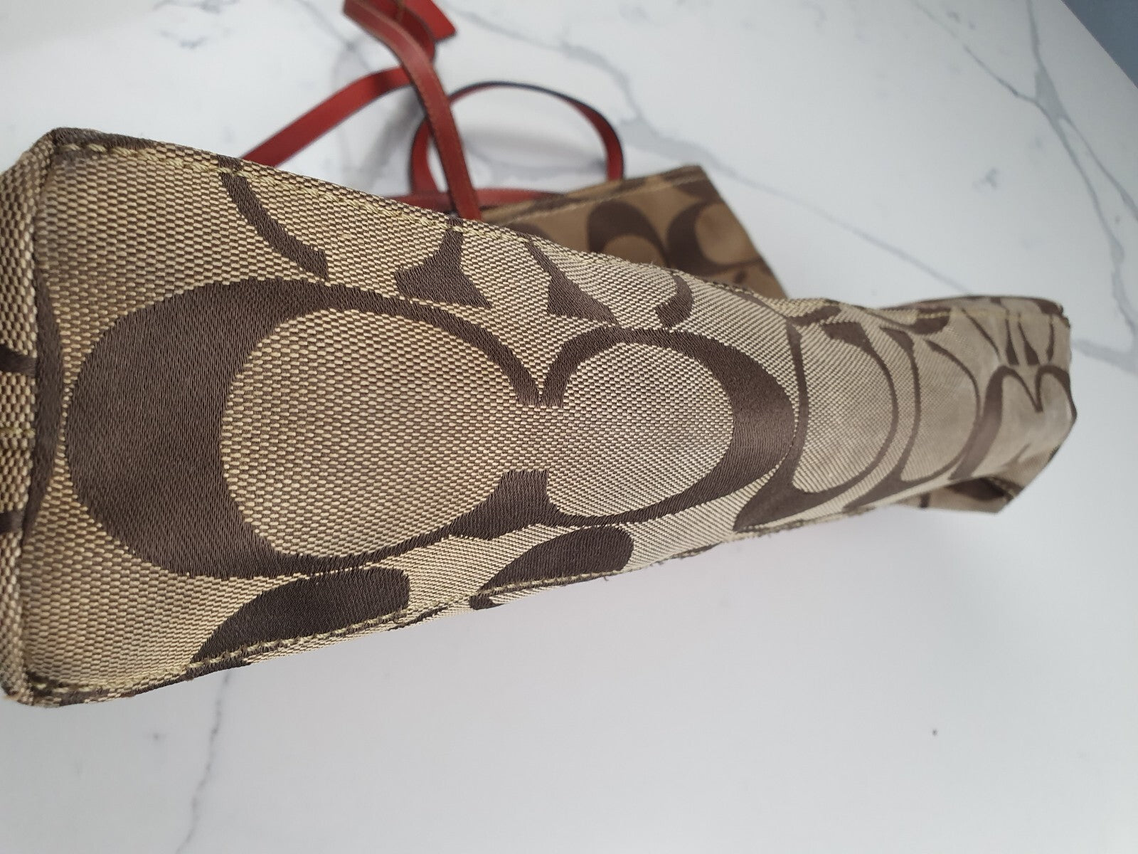 Coach Signature Canvas Tote Bag with Red Leather Trim