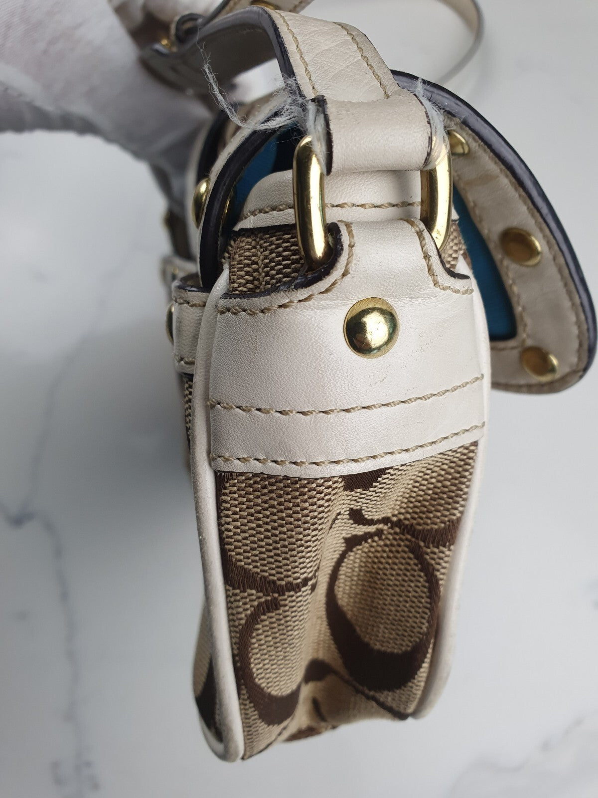 Coach Signature Canvas and Leather Shoulder Bag with Studded Detail