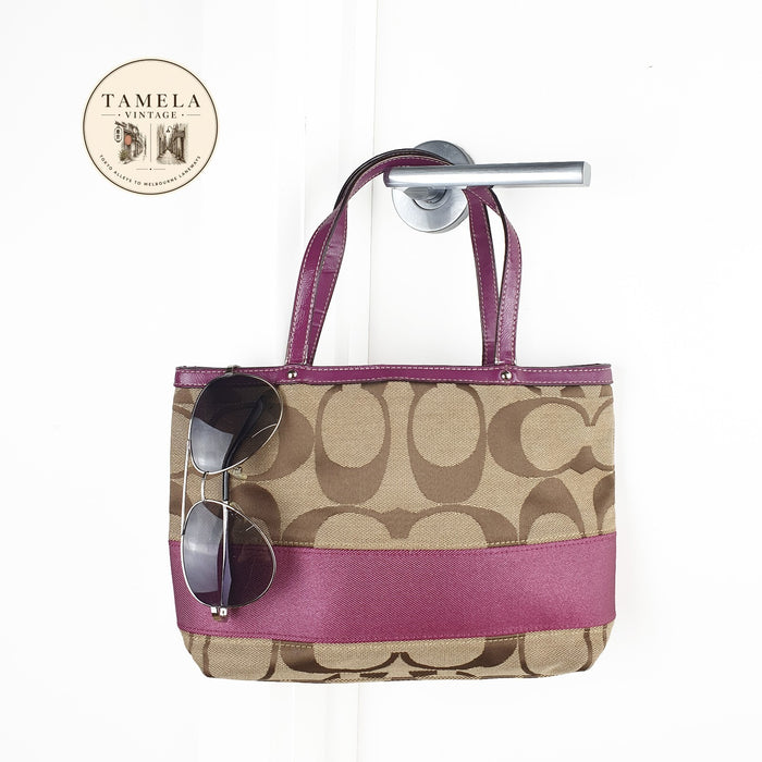 Coach Vintage Signature Canvas Tote Bag with Purple Leather Trim