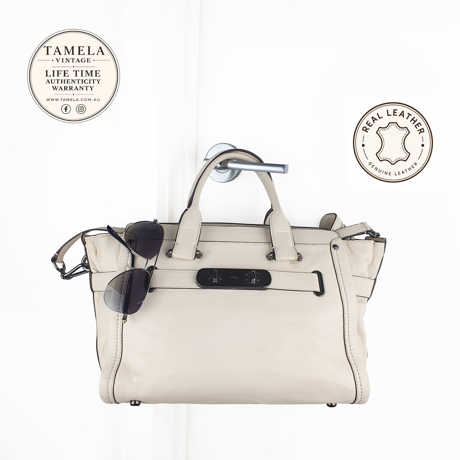 Coach Cream Leather Satchel Swagger 37732Handbag with Shoulder Strap