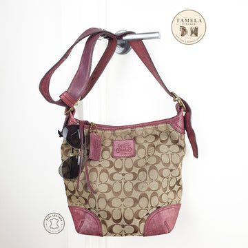 Coach Signature Canvas and Leather Crossbody Bag in Burgundy