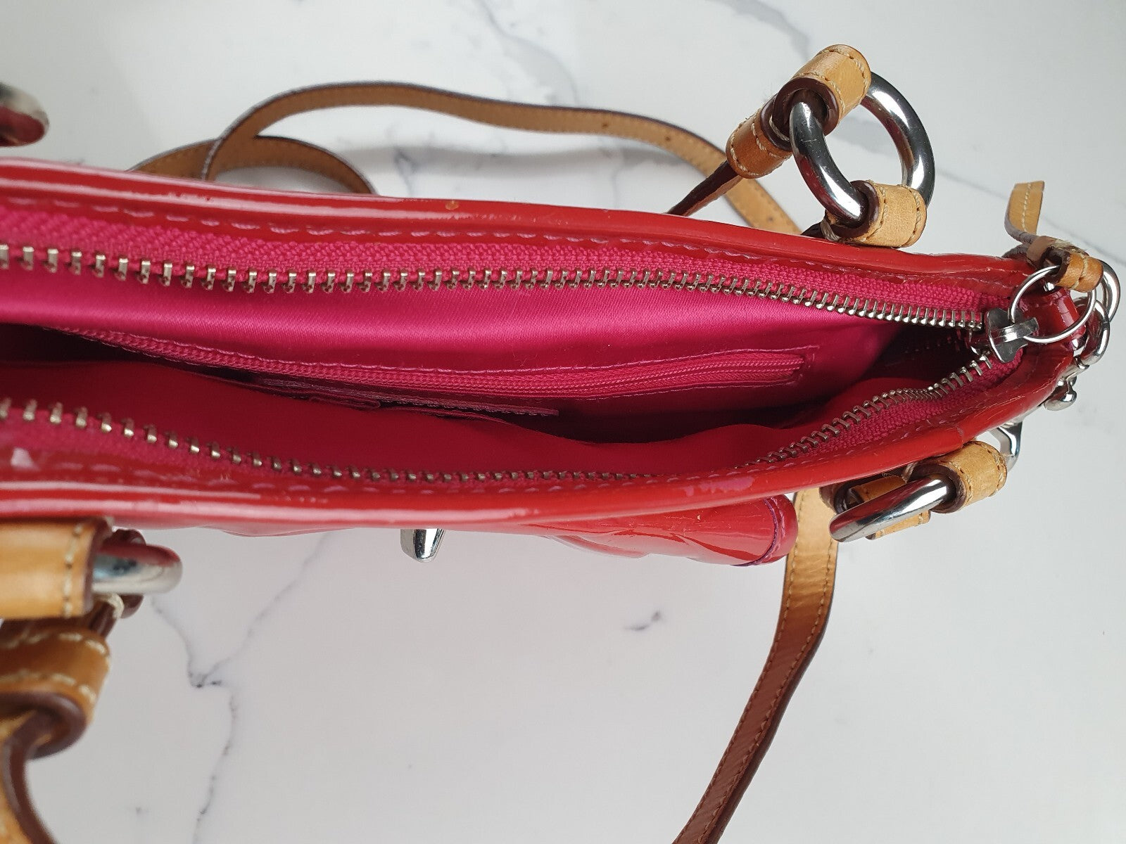 Coach Red Patent Leather Signature Tote Bag with Tan Straps