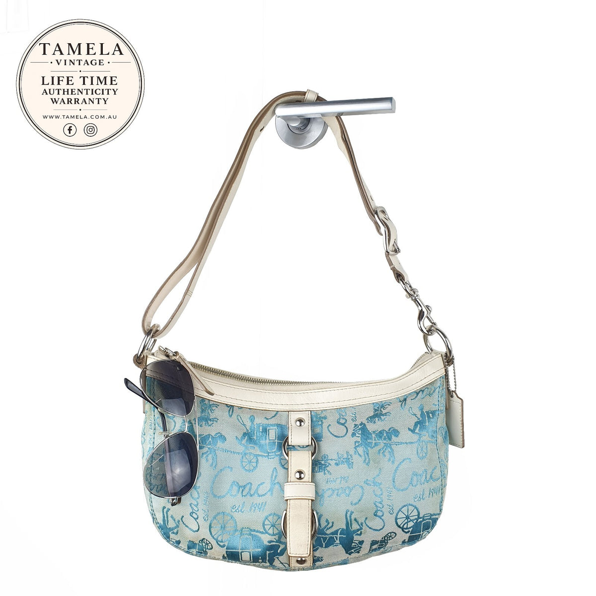 Coach Vintage Blue Canvas and White Leather Shoulder Bag