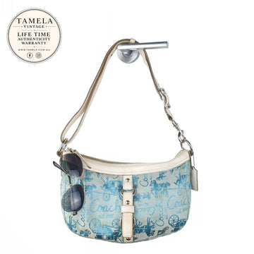 Coach Vintage Blue Canvas and White Leather Shoulder Bag
