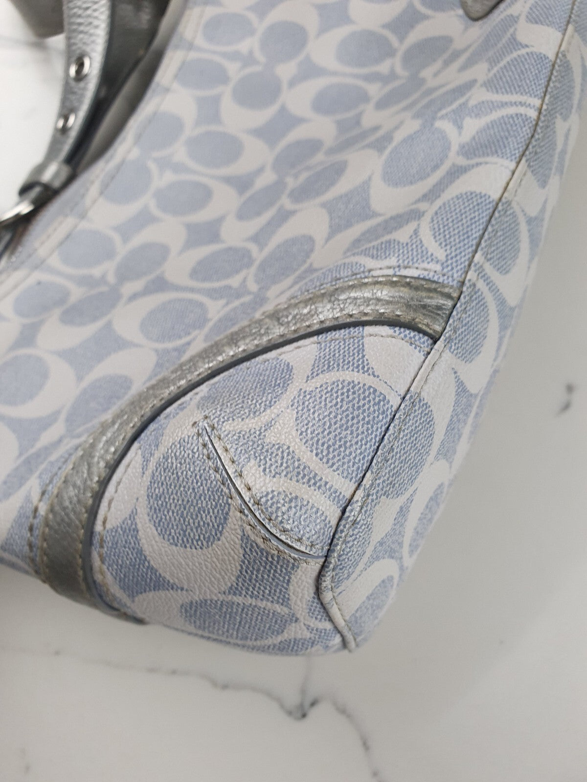 Coach Signature Canvas and Silver Leather Shoulder Bag