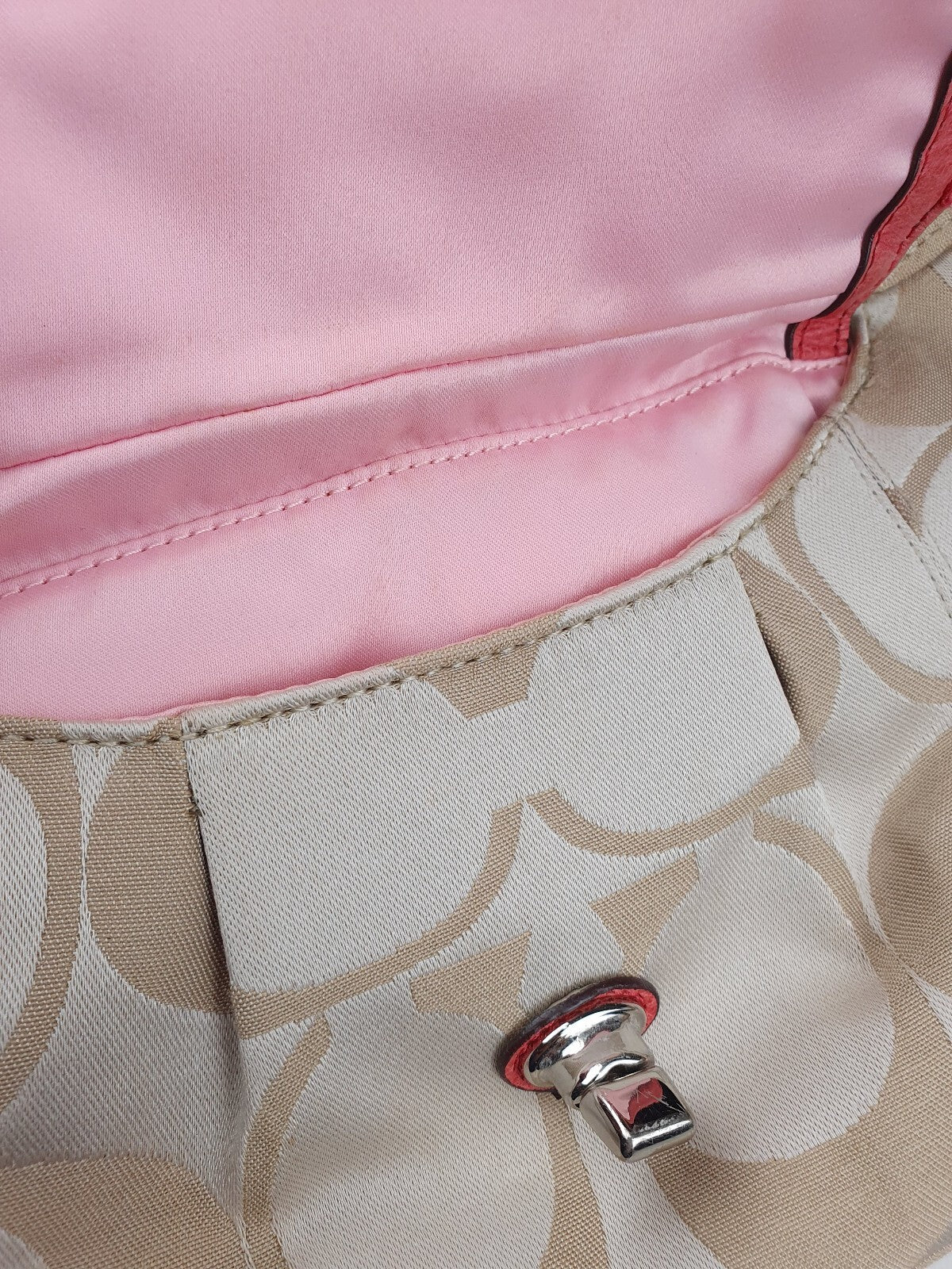 Coach Beige Signature Canvas Shoulder Bag with Coral Leather Trim