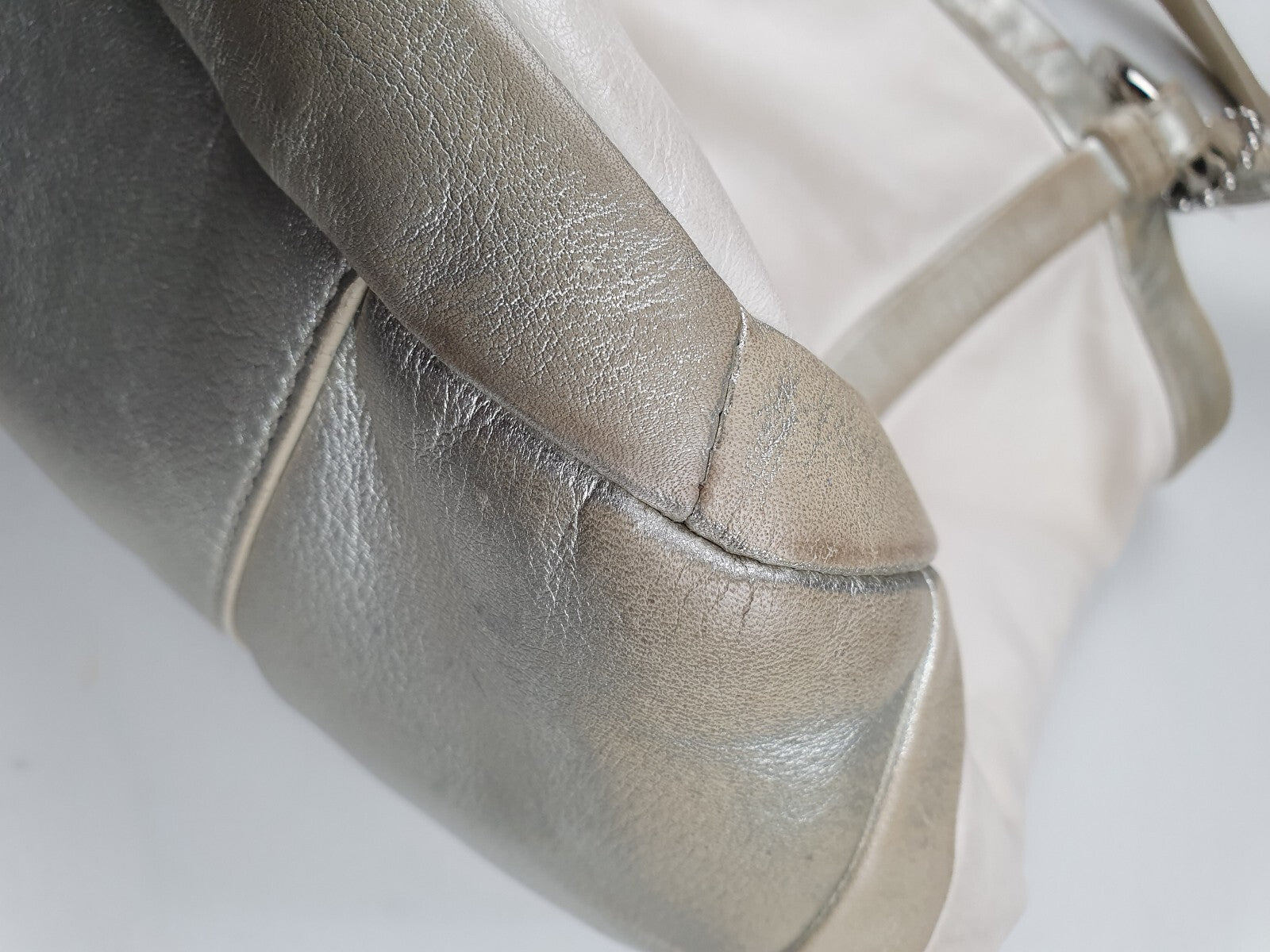 White and Silver Genuine Leather Shoulder Bag