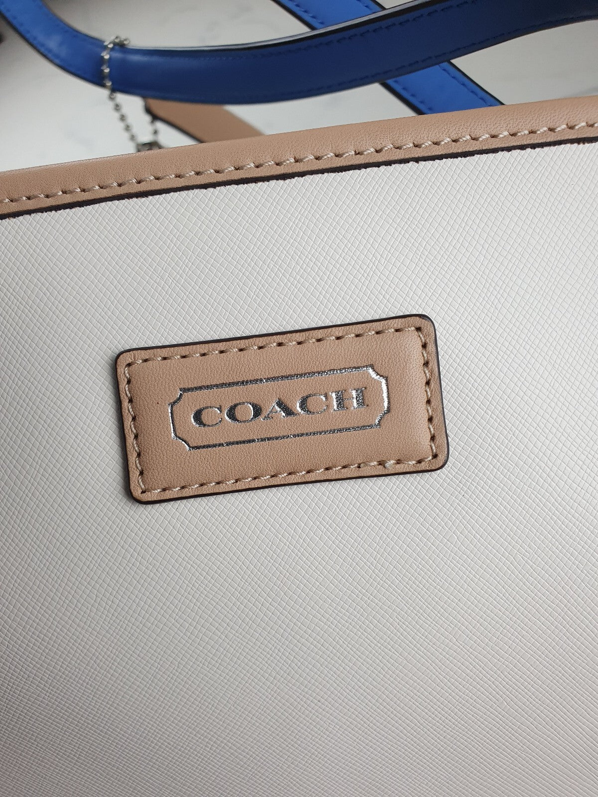 Coach Vintage White Tote Bag with Blue and Beige Handles