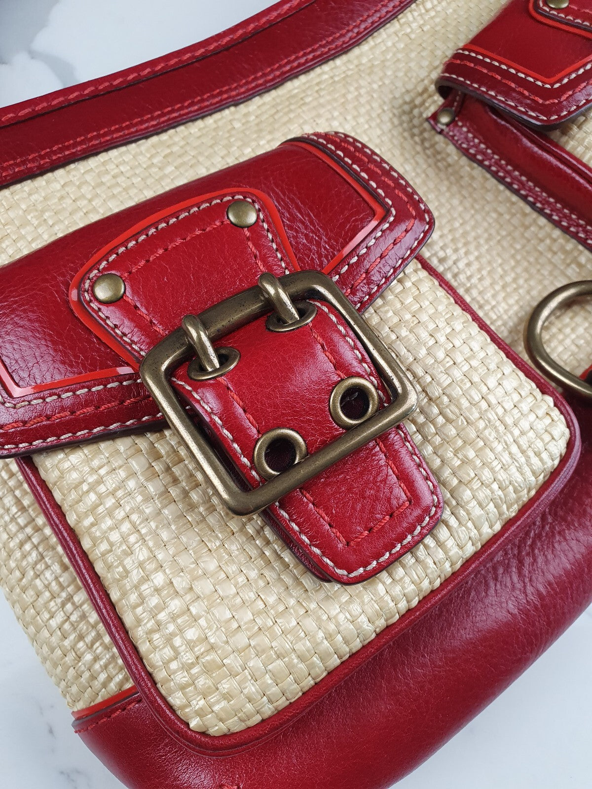 Coach Vintage Red Leather and Straw Shoulder Bag