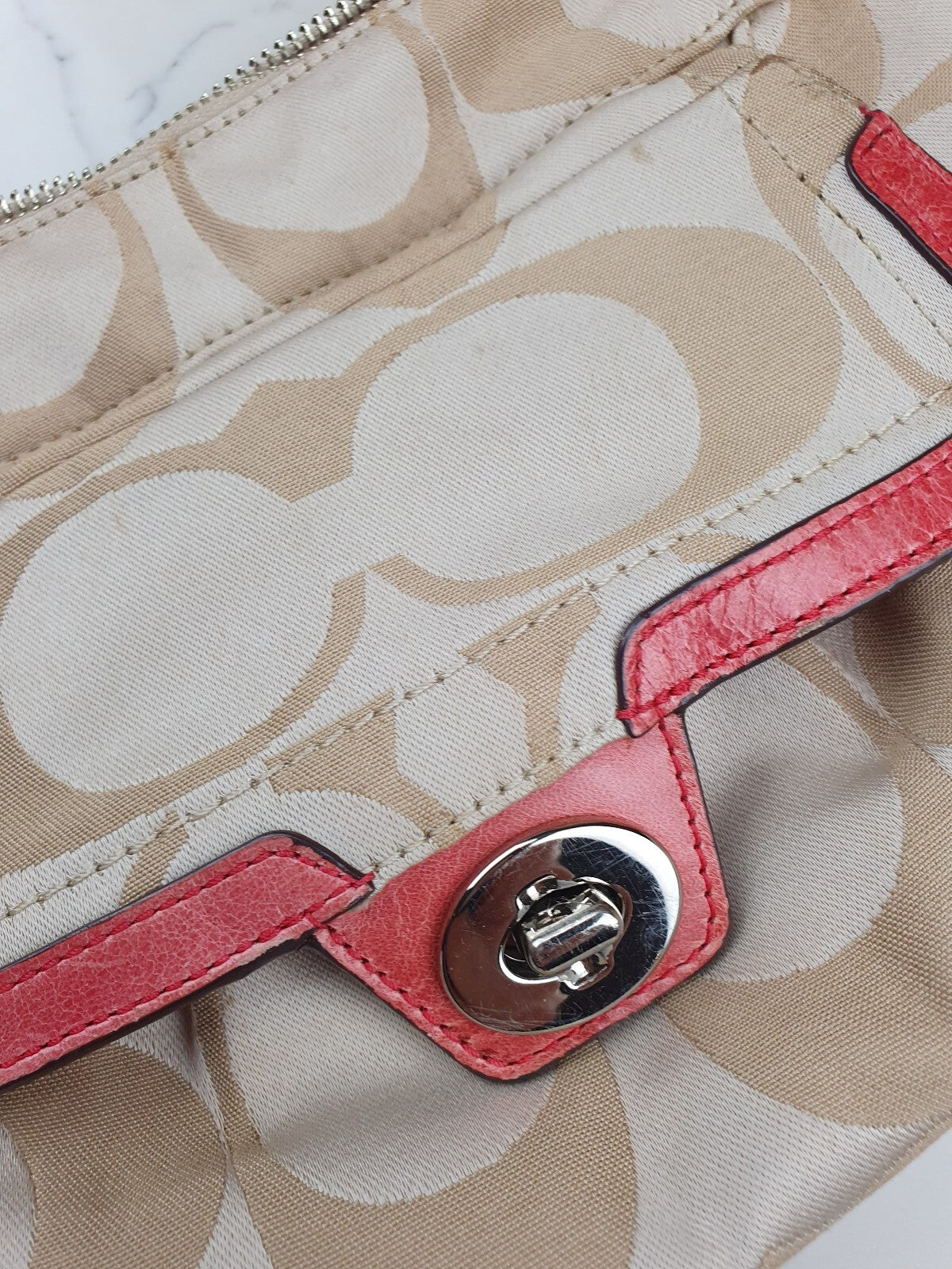 Coach Beige Signature Canvas Shoulder Bag with Coral Leather Trim