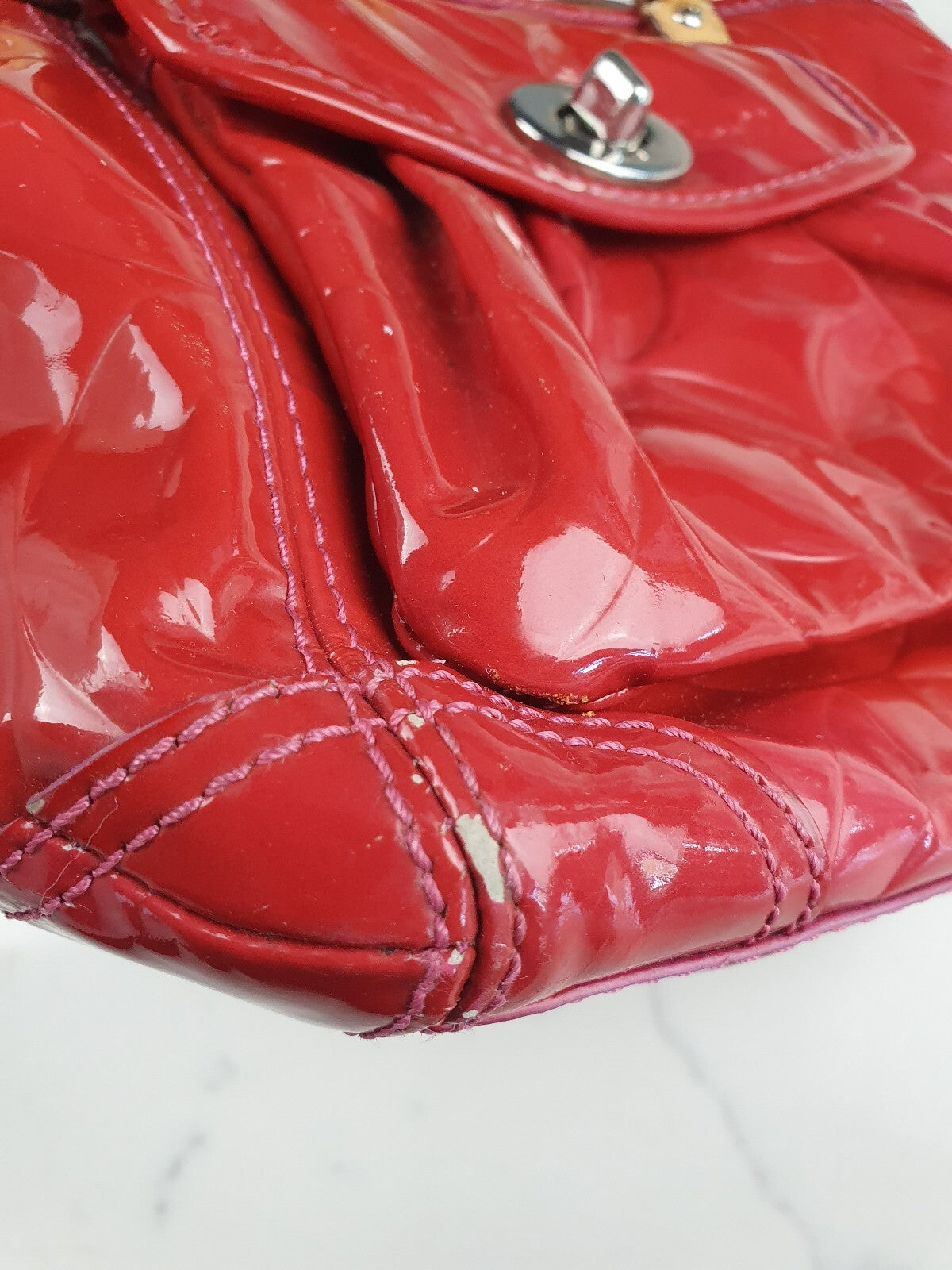 Coach Red Patent Leather Signature Tote Bag with Tan Straps