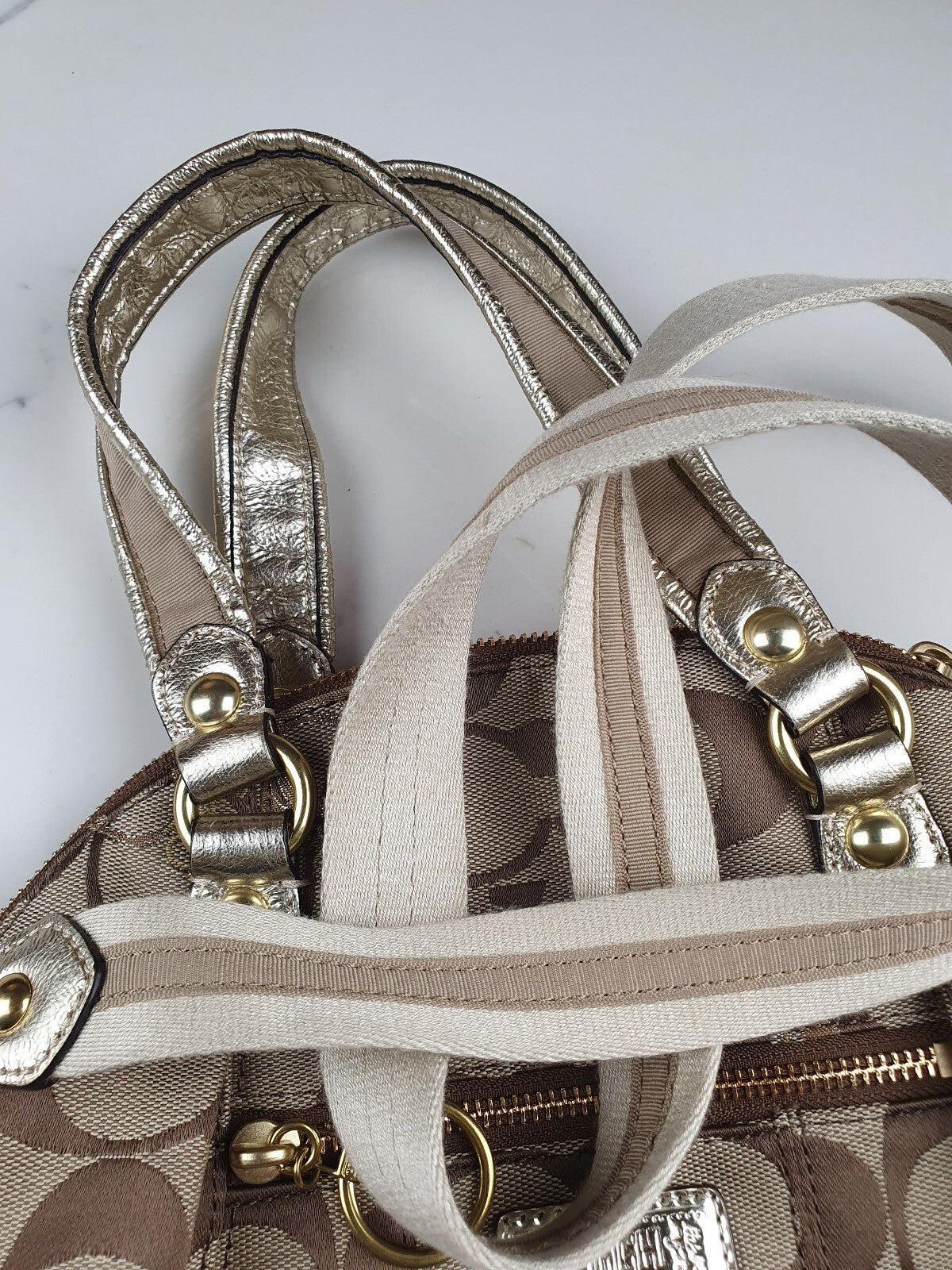 Vintage Coach Signature Canvas Shoulder Bag with Gold Leather Trim