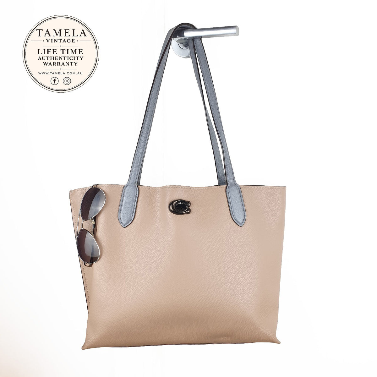 Coach Beige Leather Tote Bag with Grey Handles