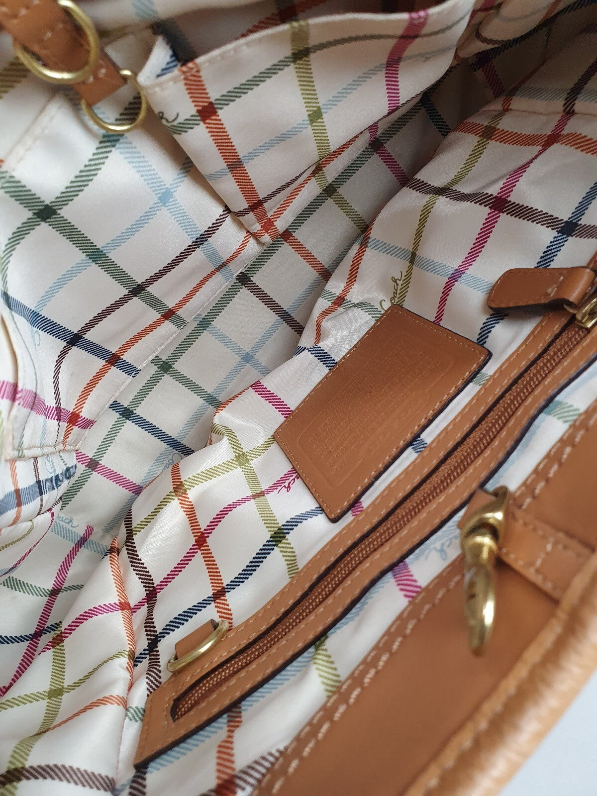 Coach Genuine Leather Tan Shoulder Bag with Colourful Interior Lining