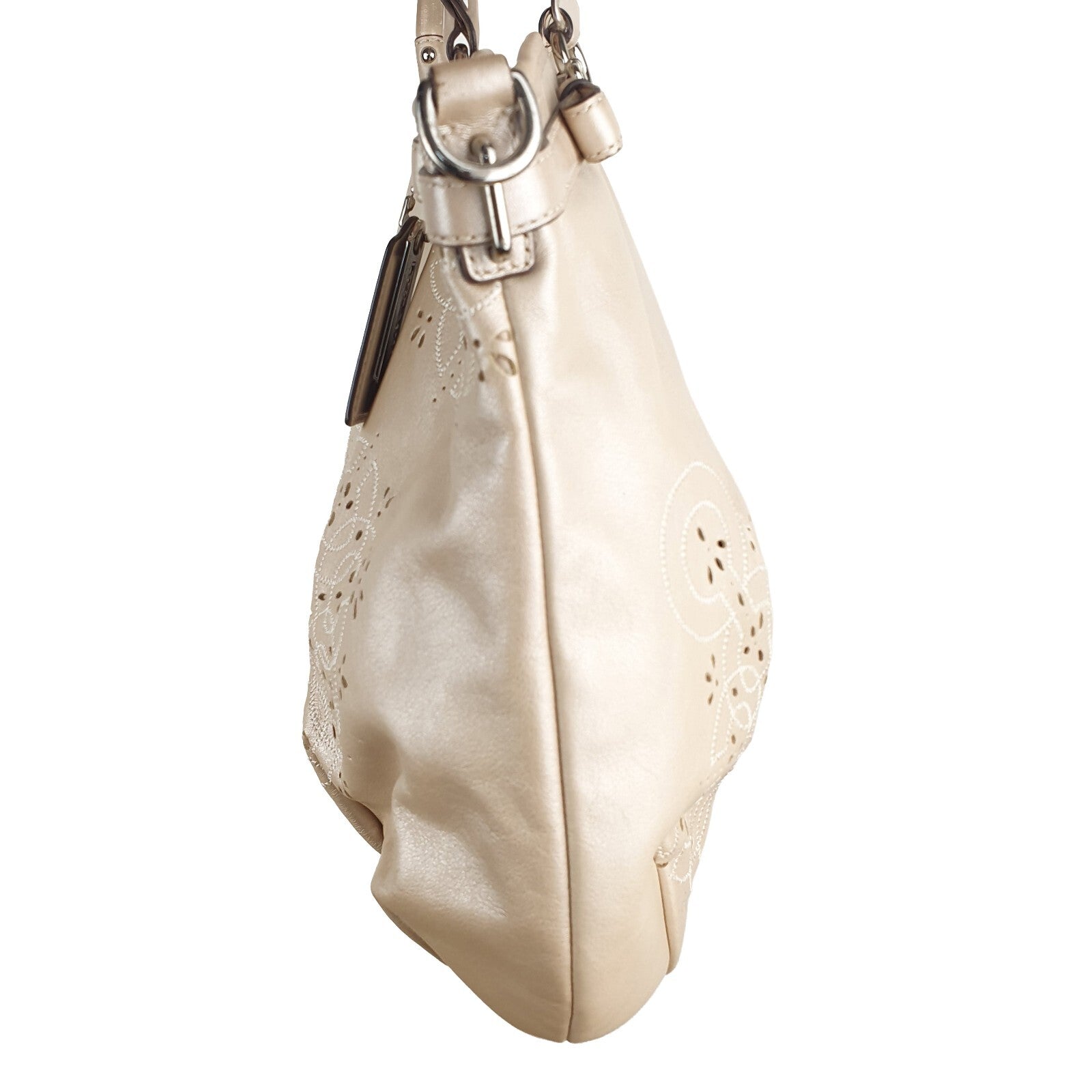 Coach Beige Leather Tote Bag with Floral Cutout Design