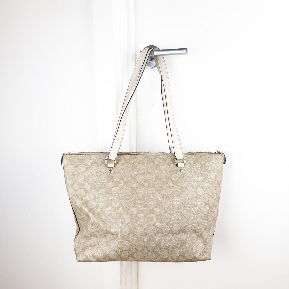 Coach Beige Signature Canvas Tote Bag with White Leather Straps