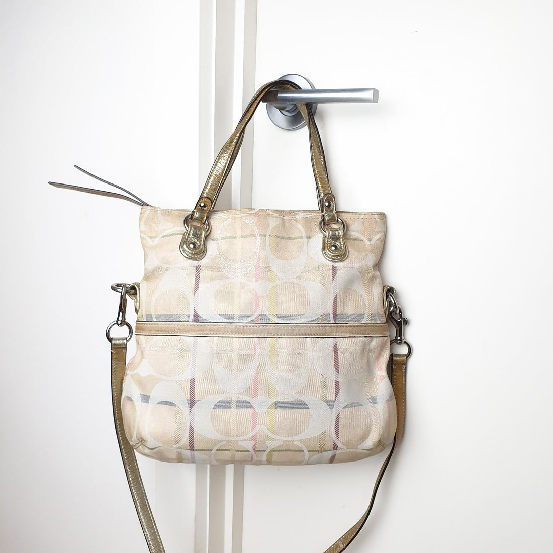 Coach Signature Canvas Tote Bag with Gold Leather Straps