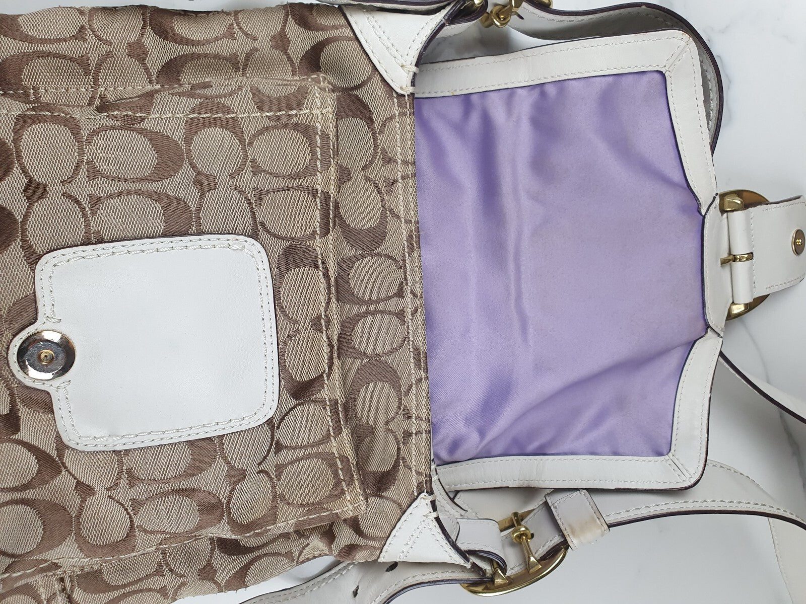 Vintage Coach Signature Canvas and White Leather Shoulder Bag