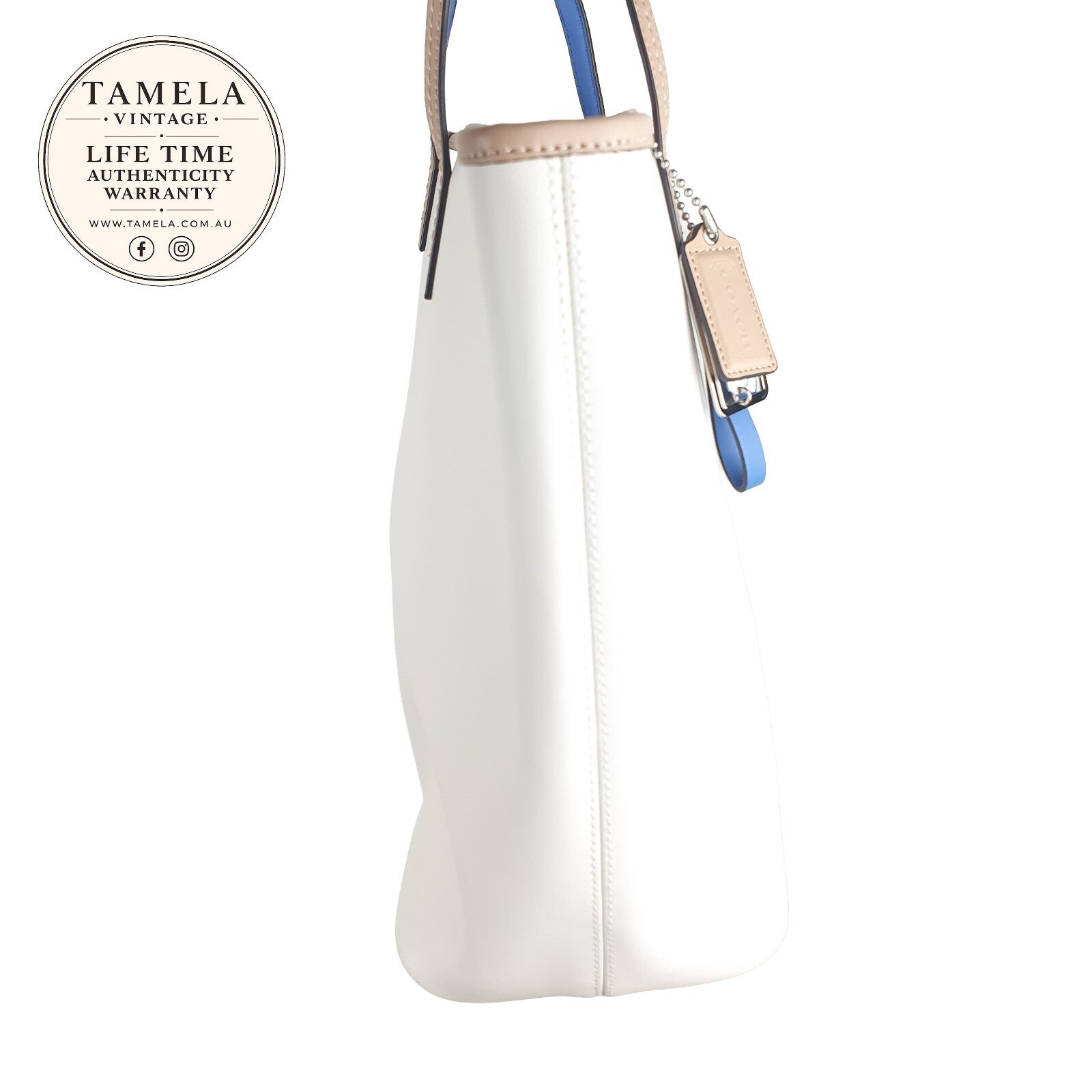 Coach Vintage White Tote Bag with Blue and Beige Handles