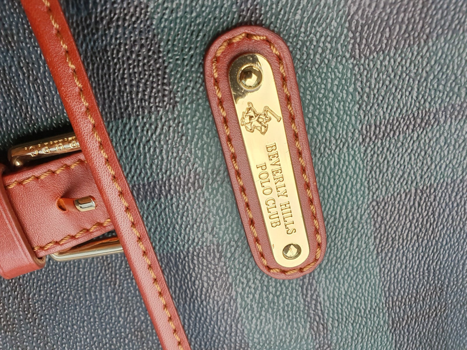 Beverly Hills Polo Club Vintage Green and Navy Tartan Crossbody Bag with Brown T