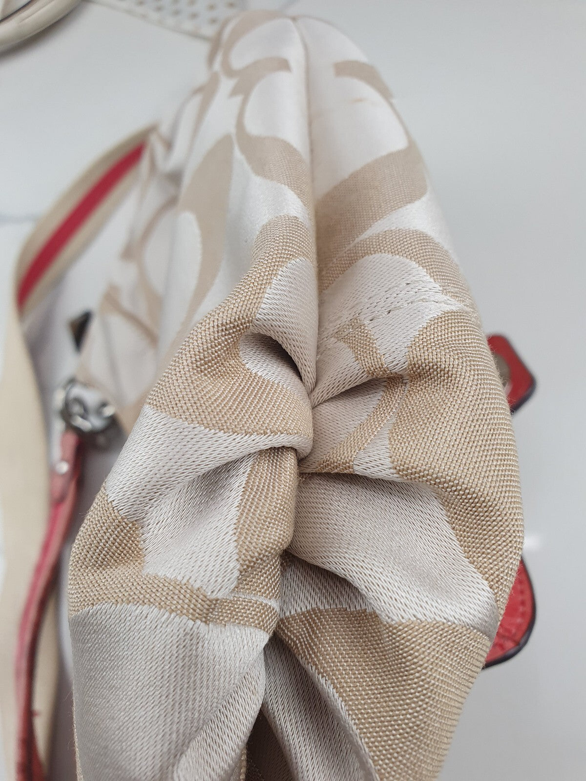 Coach Beige Signature Canvas Shoulder Bag with Coral Leather Trim