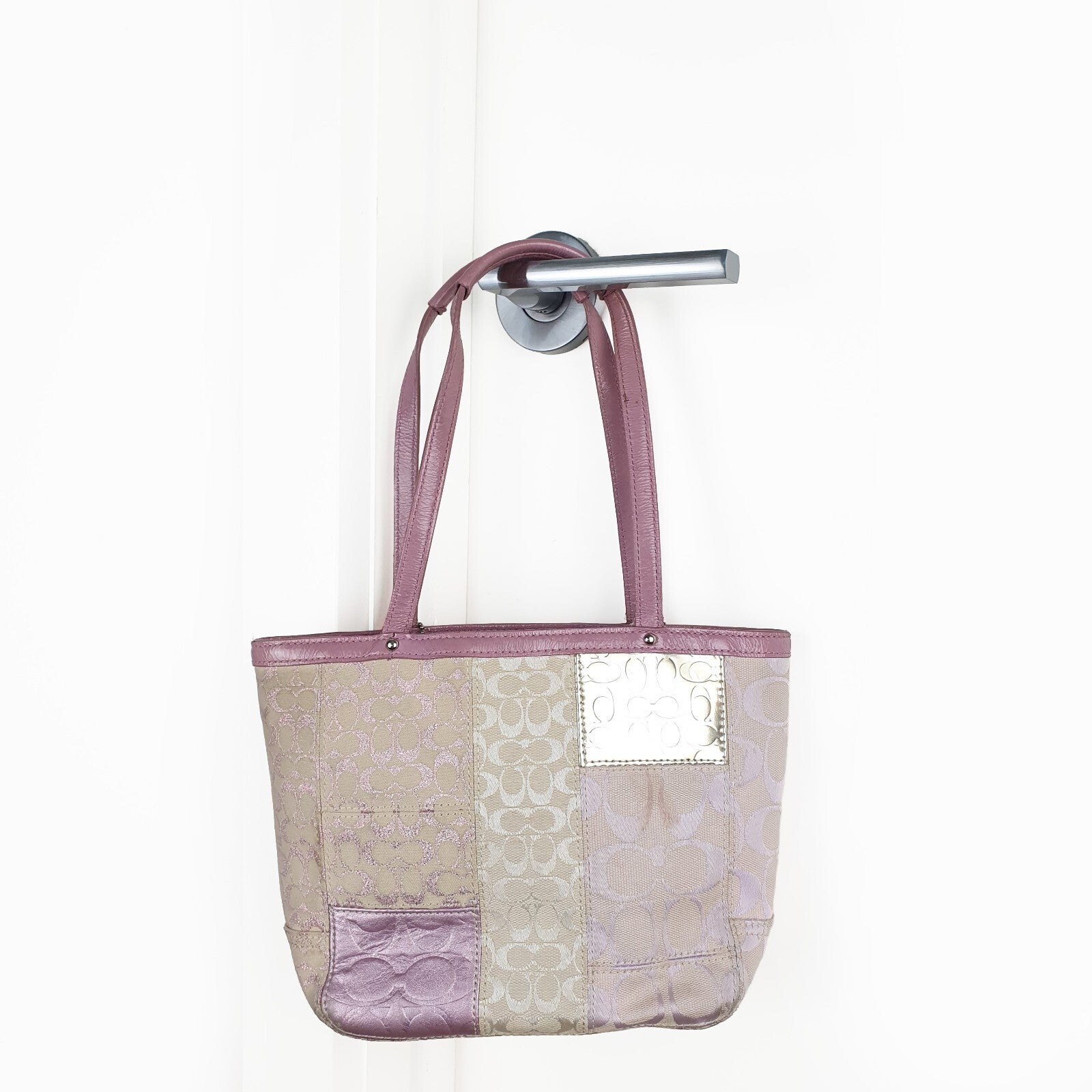 Coach Patchwork Signature Tote Bag in Pink and Beige