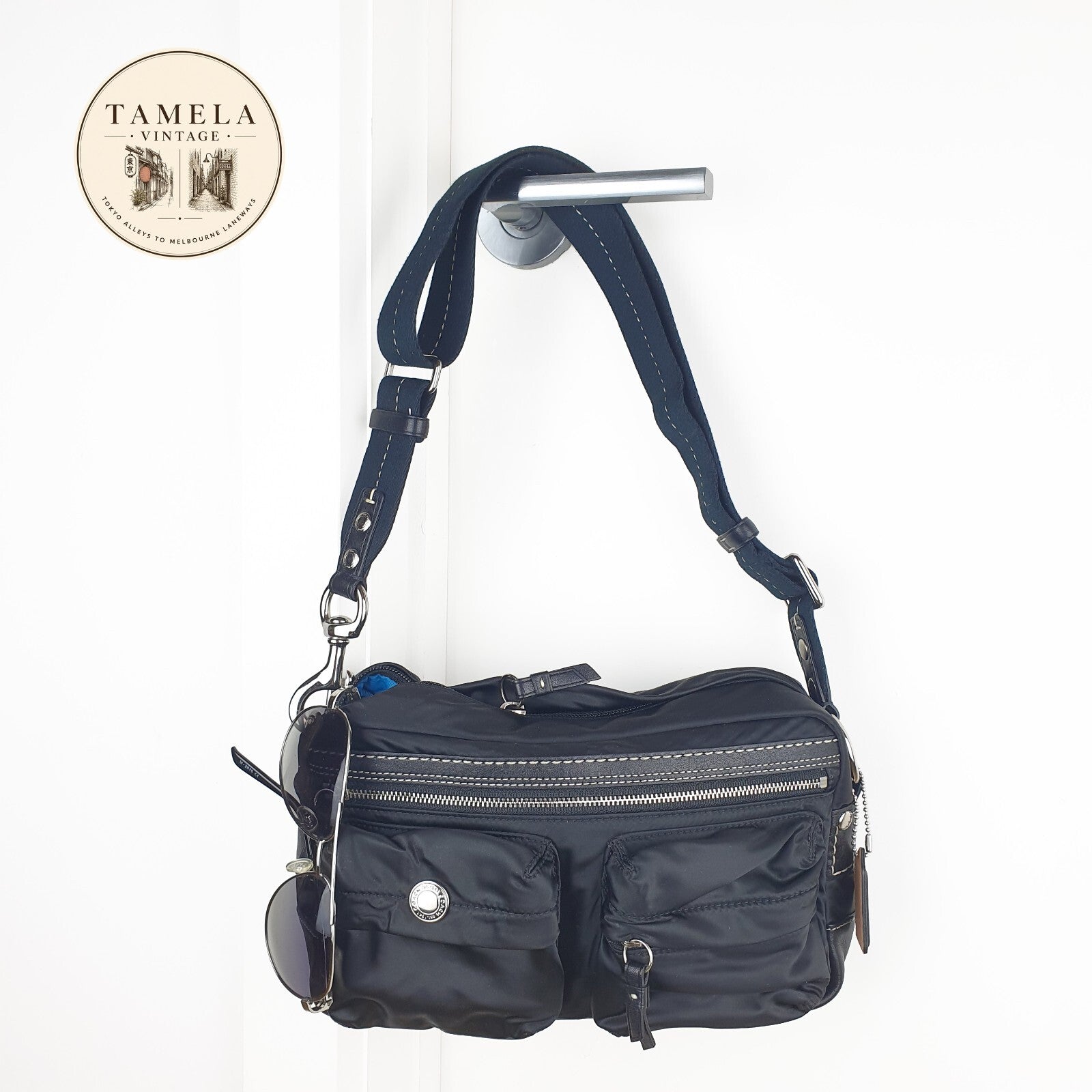 Coach Vintage Black Nylon Crossbody Bag with Blue Interior