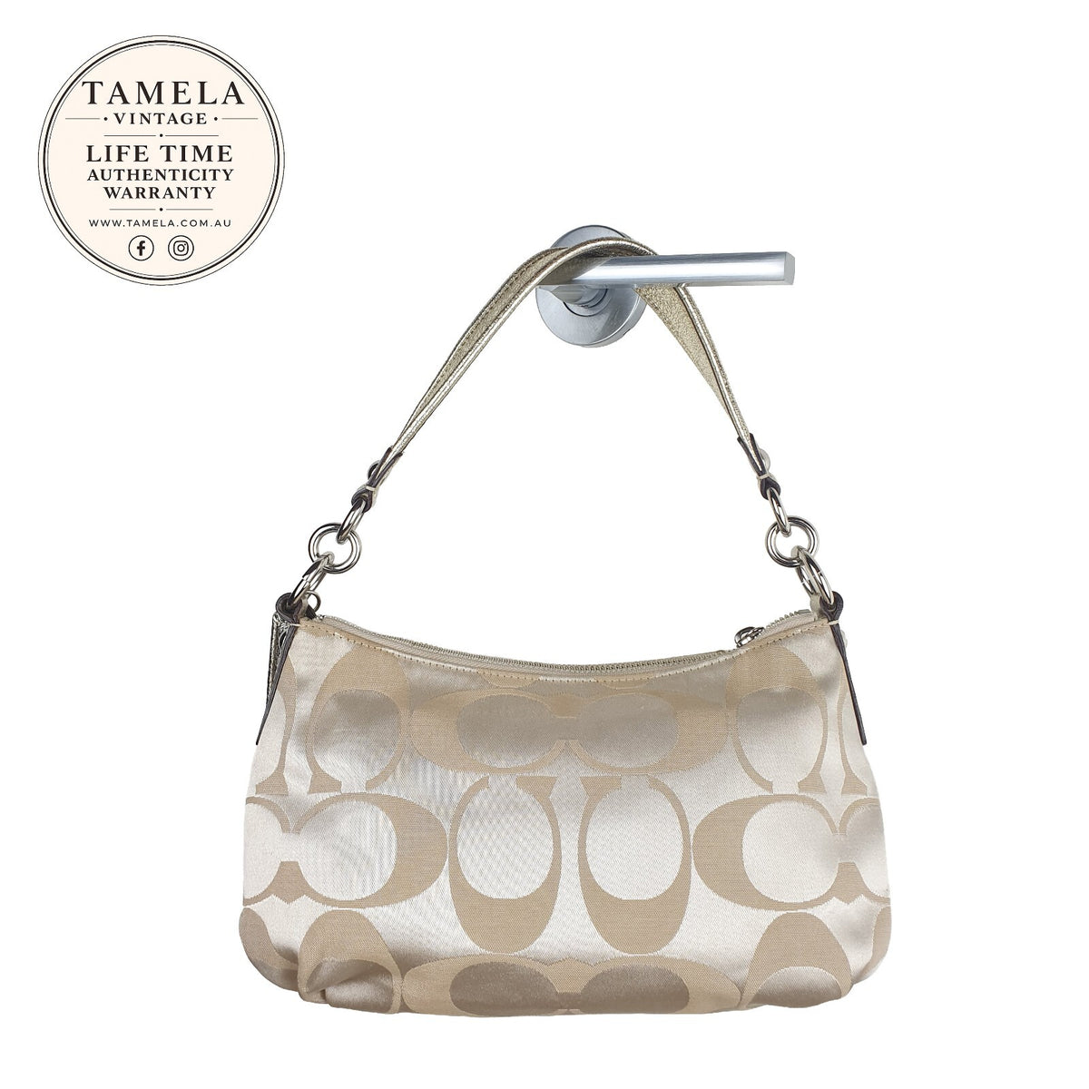 Vintage Coach Beige Signature Satin Shoulder Bag with Gold Leather Trim