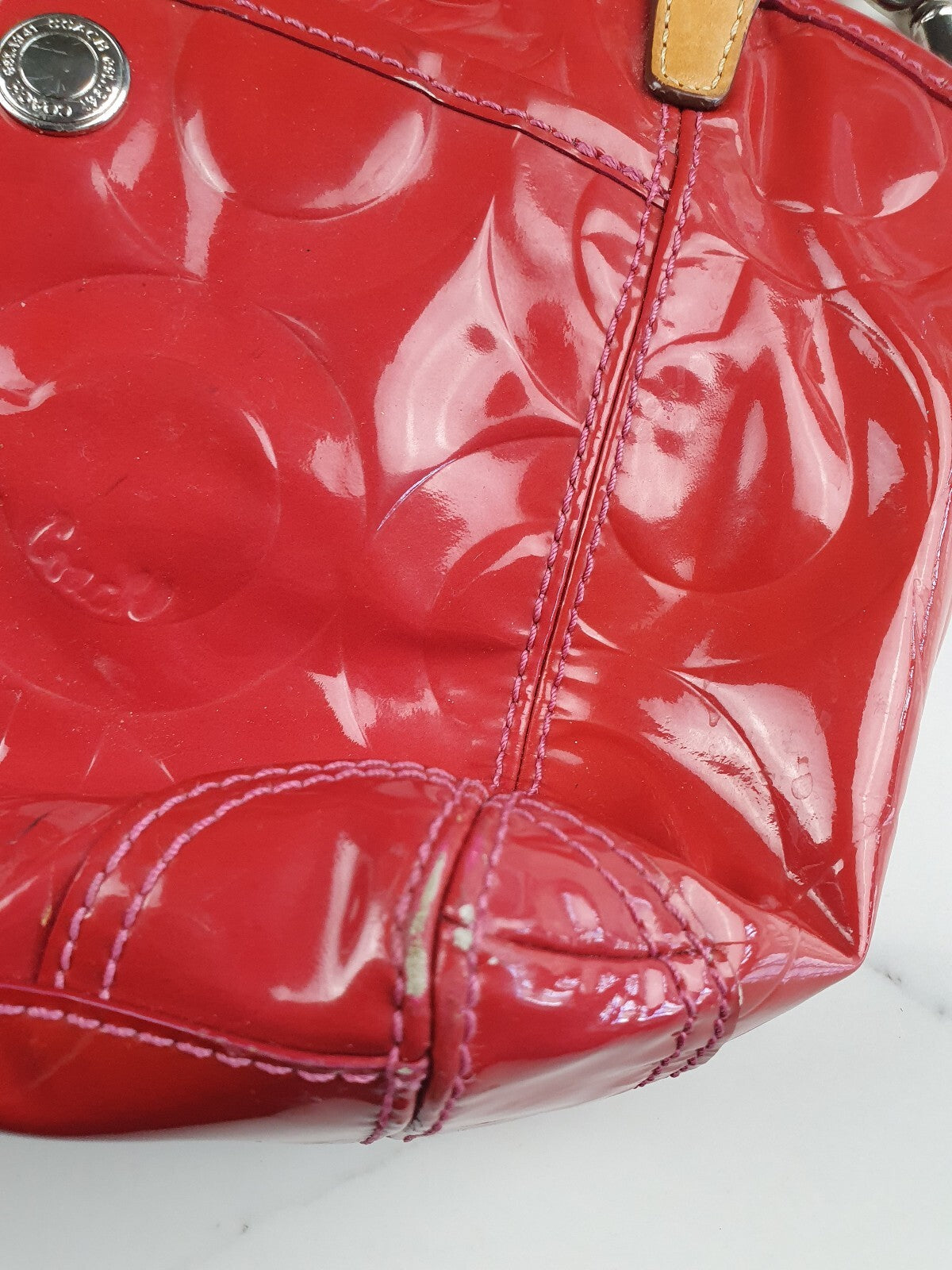 Coach Red Patent Leather Signature Tote Bag with Tan Straps