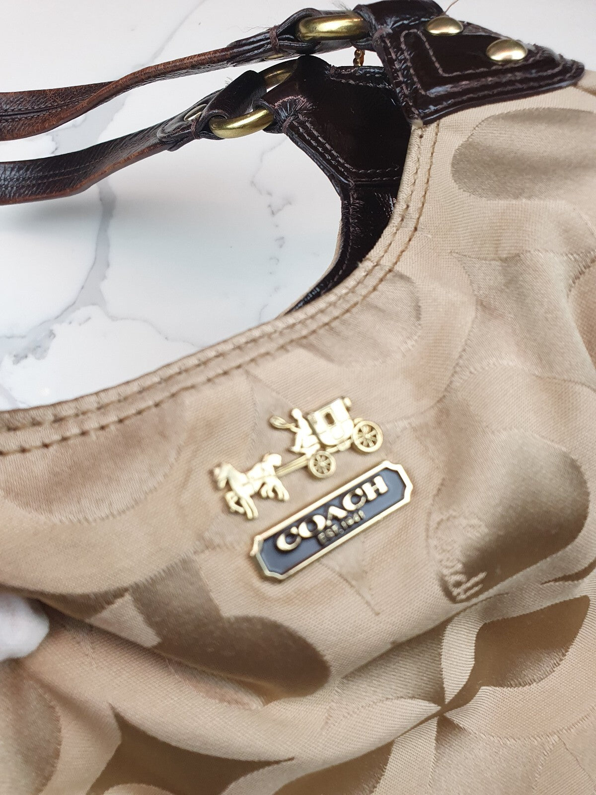 Coach Vintage Beige Signature Shoulder Bag with Brown Leather Handles