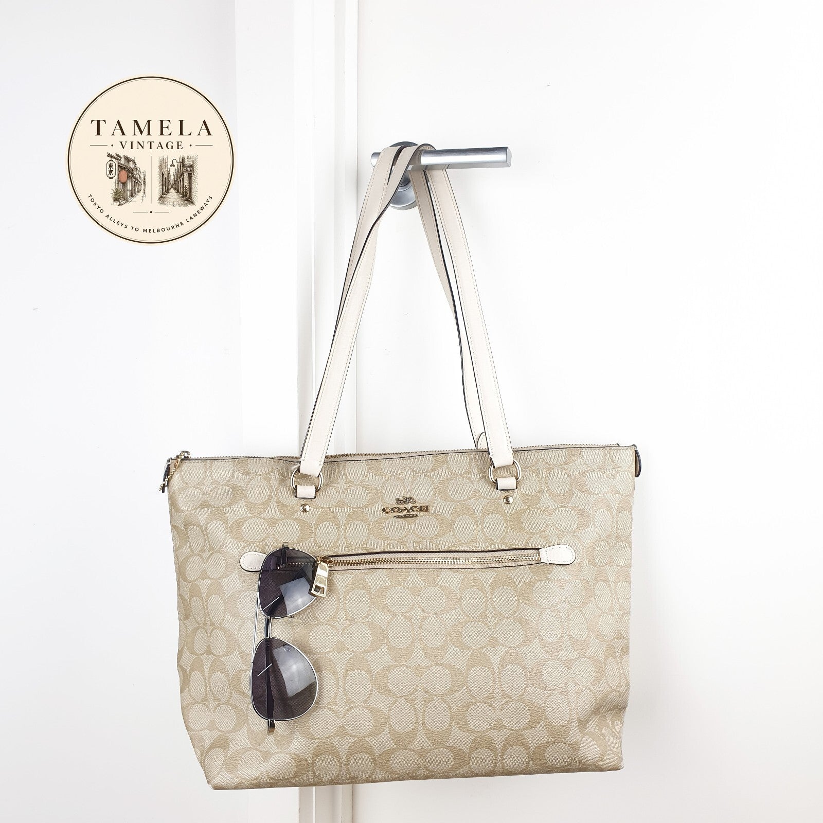 Coach Beige Signature Canvas Tote Bag with White Leather Straps