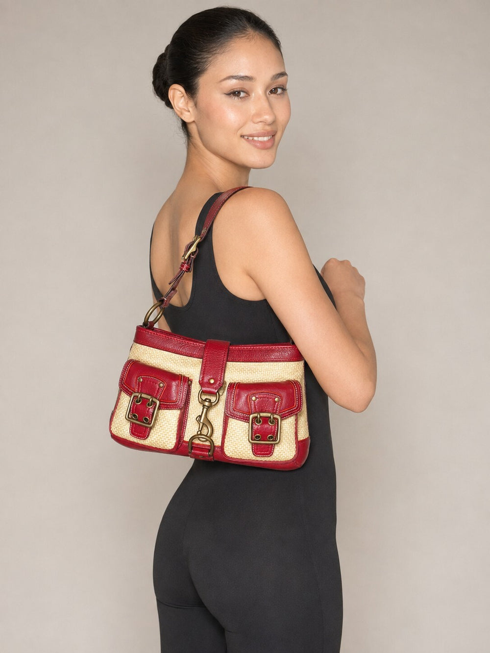 Coach Vintage Red Leather and Straw Shoulder Bag