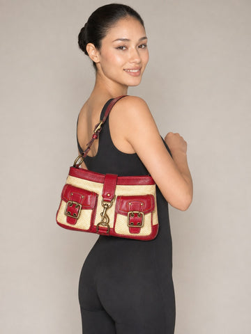 Coach Vintage Red Leather and Straw Shoulder Bag