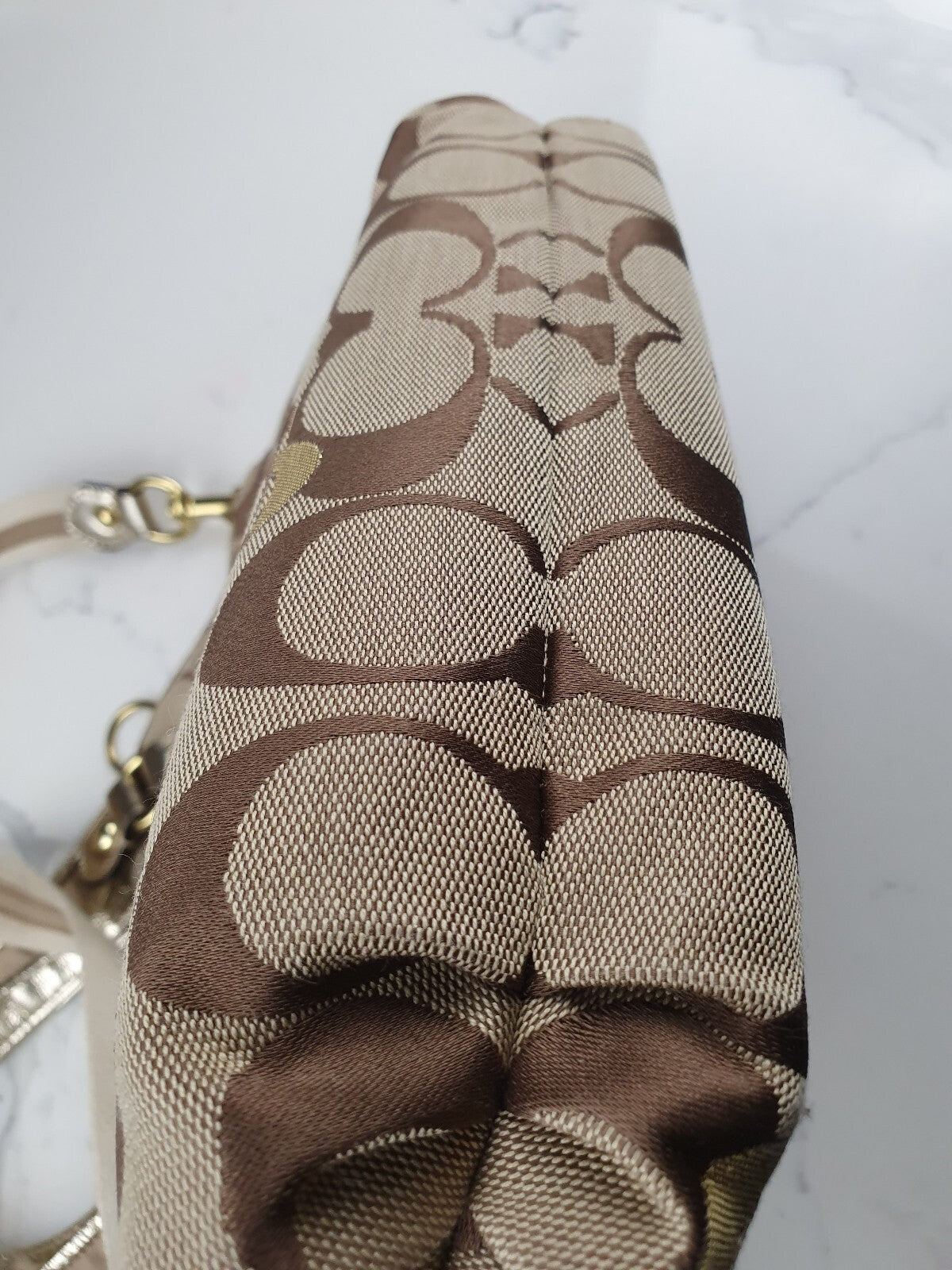 Vintage Coach Signature Canvas Shoulder Bag with Gold Leather Trim